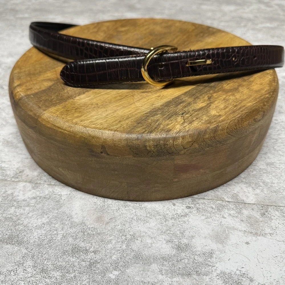 Lauren Ralph Lauren Dark Brown Croc-Embossed Leather Belt with Gold Buckle
